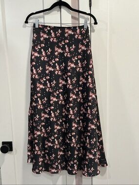 Black Midi Skirt with Pink Floral Print